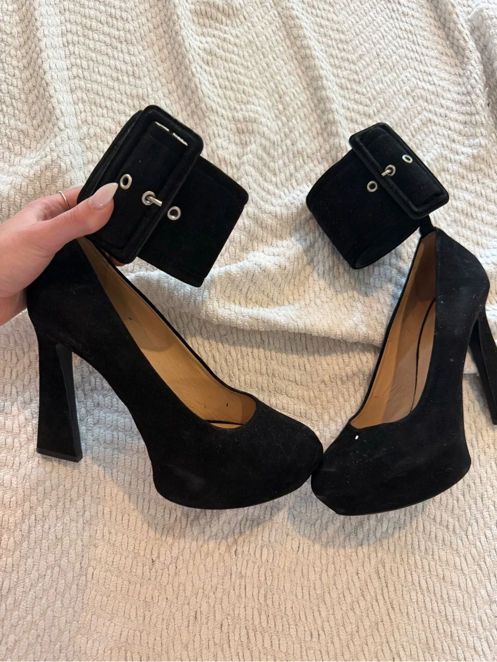 Celine Black Suede Platform Pumps with Buckle Ankle Cuffs